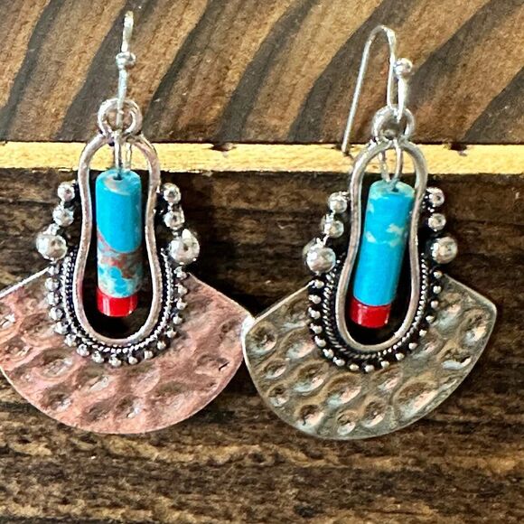 Boho Hippie Western Cowgirl Pounded Turquoise Stone Silver‎ Drop Wire Earrings, - Picture 2 of 8